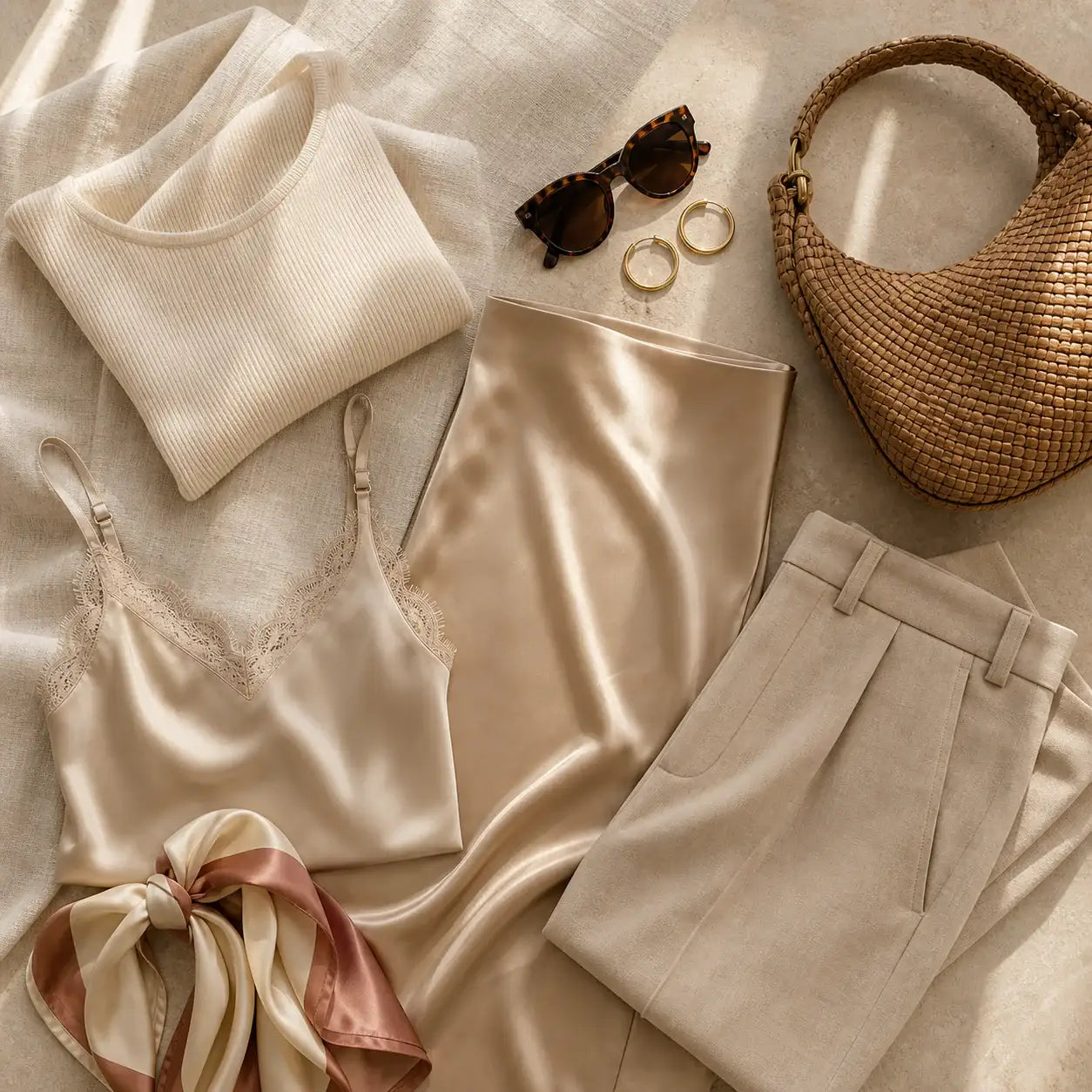 Avrienne capsule wardrobe flat lay with ivory knitwear satin skirt and woven accessories