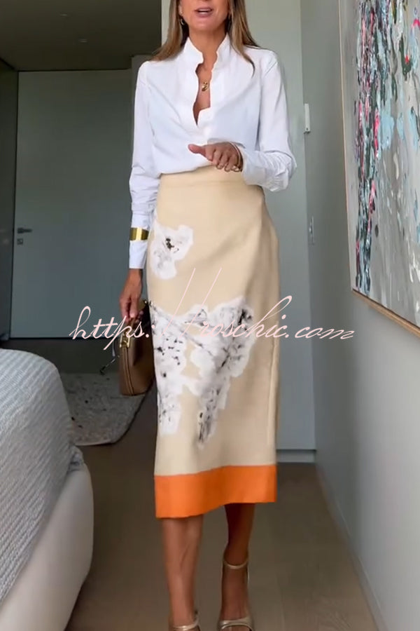 The Floral Linen Midi Skirt in Beige styled for Avrienne