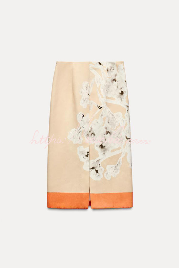 The Floral Linen Midi Skirt in Beige styled for Avrienne