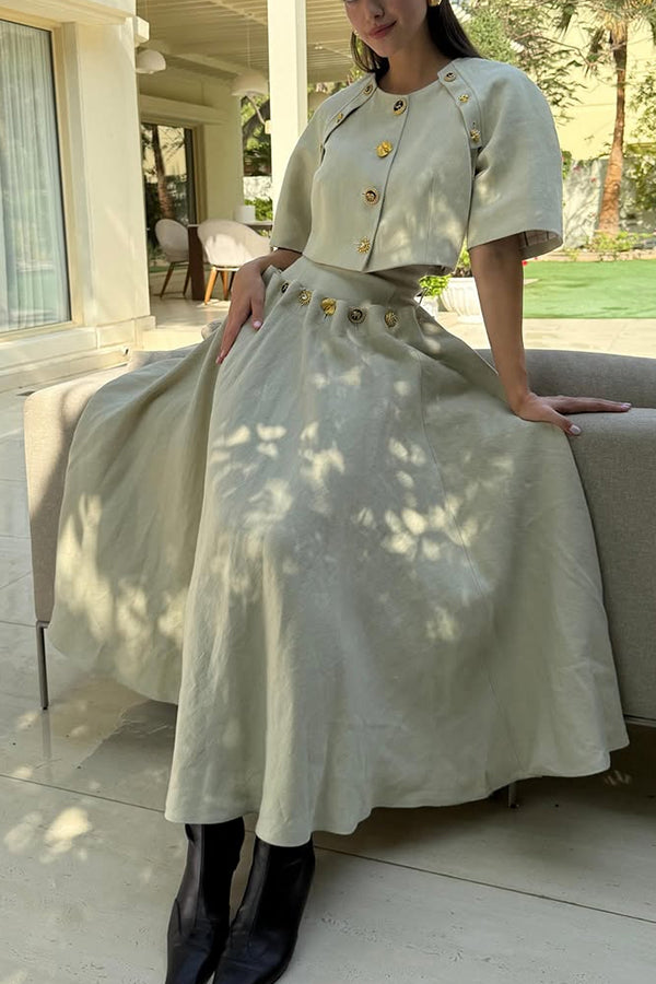 The Lace-Detail Linen Maxi Skirt in Beige styled for Avrienne