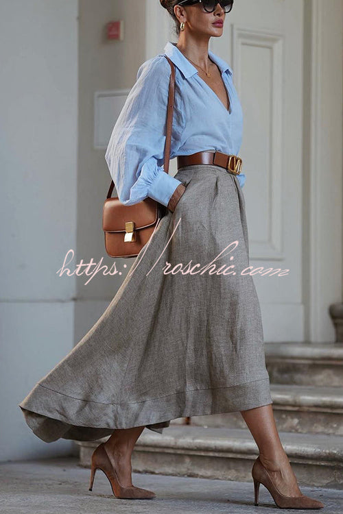 The Linen High-Low Maxi Skirt in Khaki styled for Avrienne