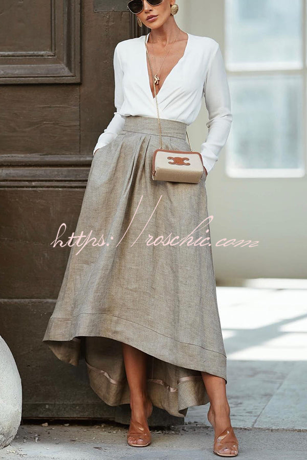 The Linen High-Low Maxi Skirt in Khaki styled for Avrienne