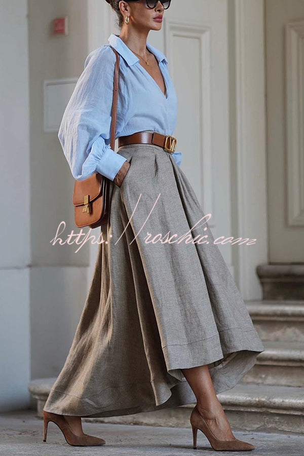 The Linen High-Low Maxi Skirt in Khaki styled for Avrienne