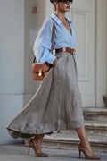 The Linen High-Low Maxi Skirt in Khaki styled for Avrienne