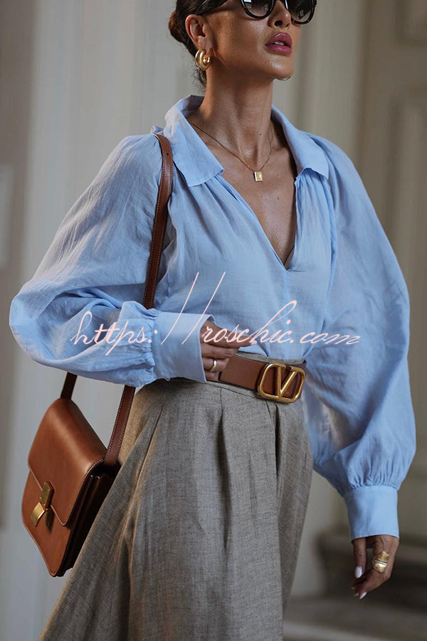 The Linen V-Neck Blouse in Blue styled for Avrienne