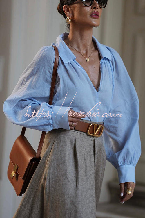 The Linen V-Neck Blouse in Blue styled for Avrienne