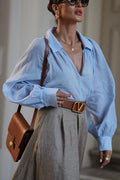 The Linen V-Neck Blouse in Blue styled for Avrienne