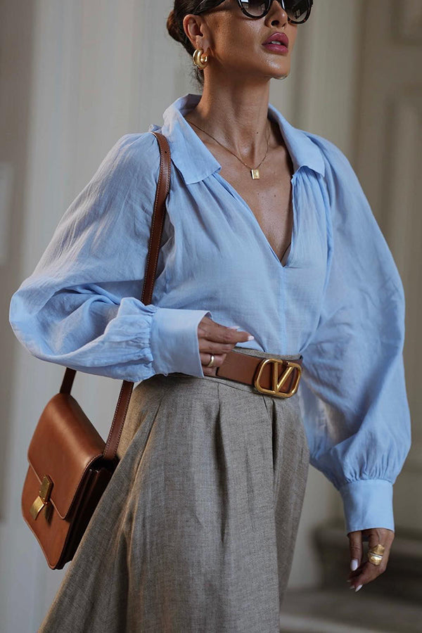 The Linen V-Neck Blouse in Blue styled for Avrienne