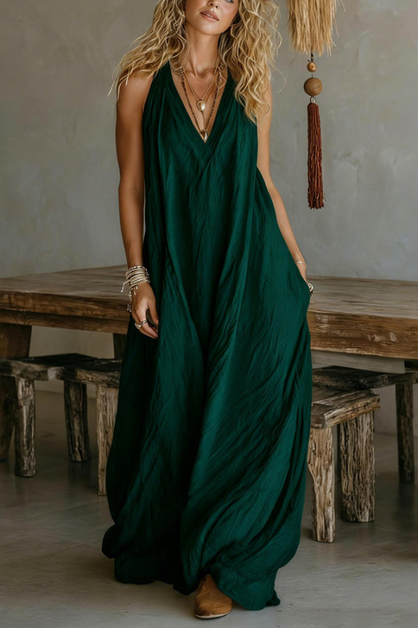 The Linen V-Neck Maxi Dress in Blackish Green styled for Avrienne