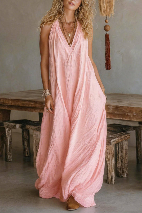 The Linen V-Neck Maxi Dress in Pink styled for Avrienne