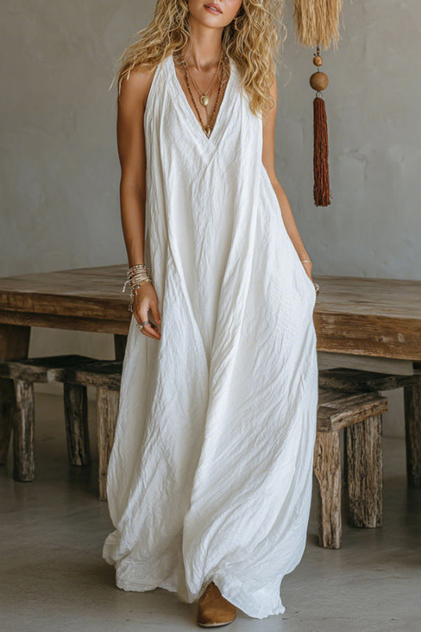 The Linen V-Neck Maxi Dress in White styled for Avrienne