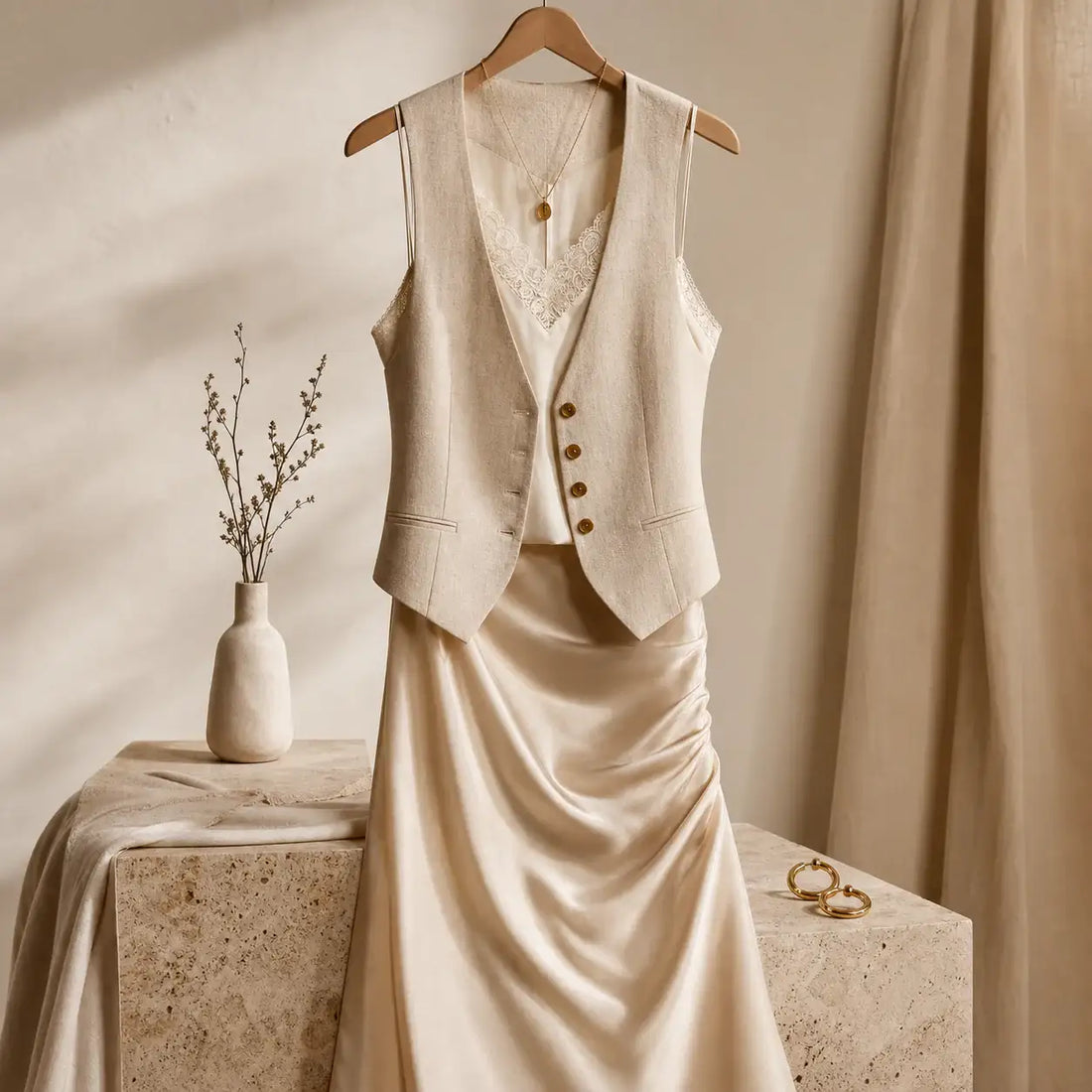 Avrienne signature product editorial with lace cami linen waistcoat and champagne satin skirt
