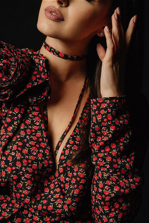 Lace Up Waist Deep V Neck Side Slit Floral Dress image 5