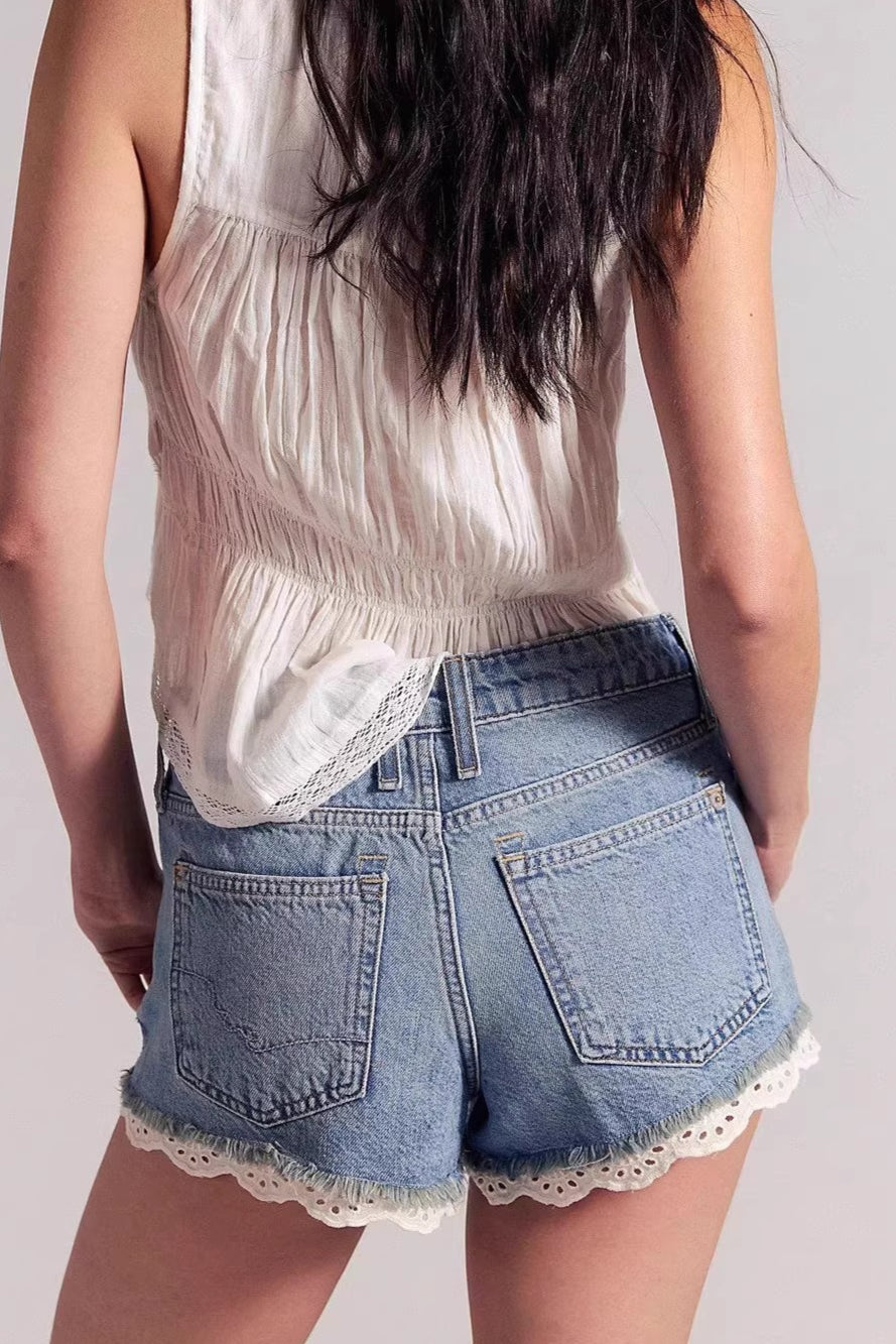 Lace Splice Straight Leg Denim Shorts image 3