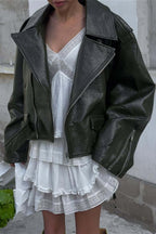 Zip Up Green Leather Moto Jacket image 1