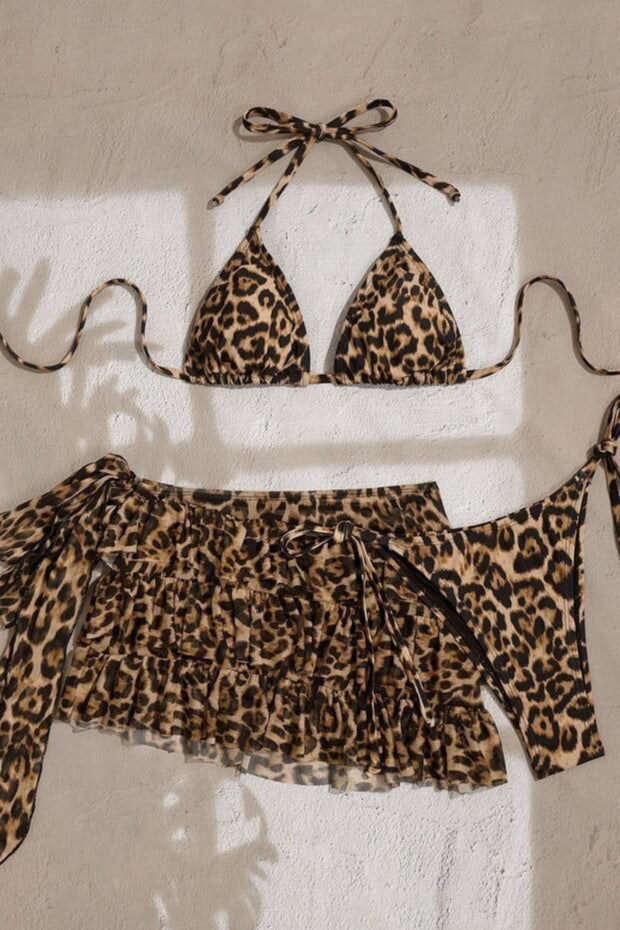Leopard Ruffle Skirt Three Piece Swim Set image 3