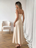 Allegra Satin Maxi Dress detail view styled for Avrienne
