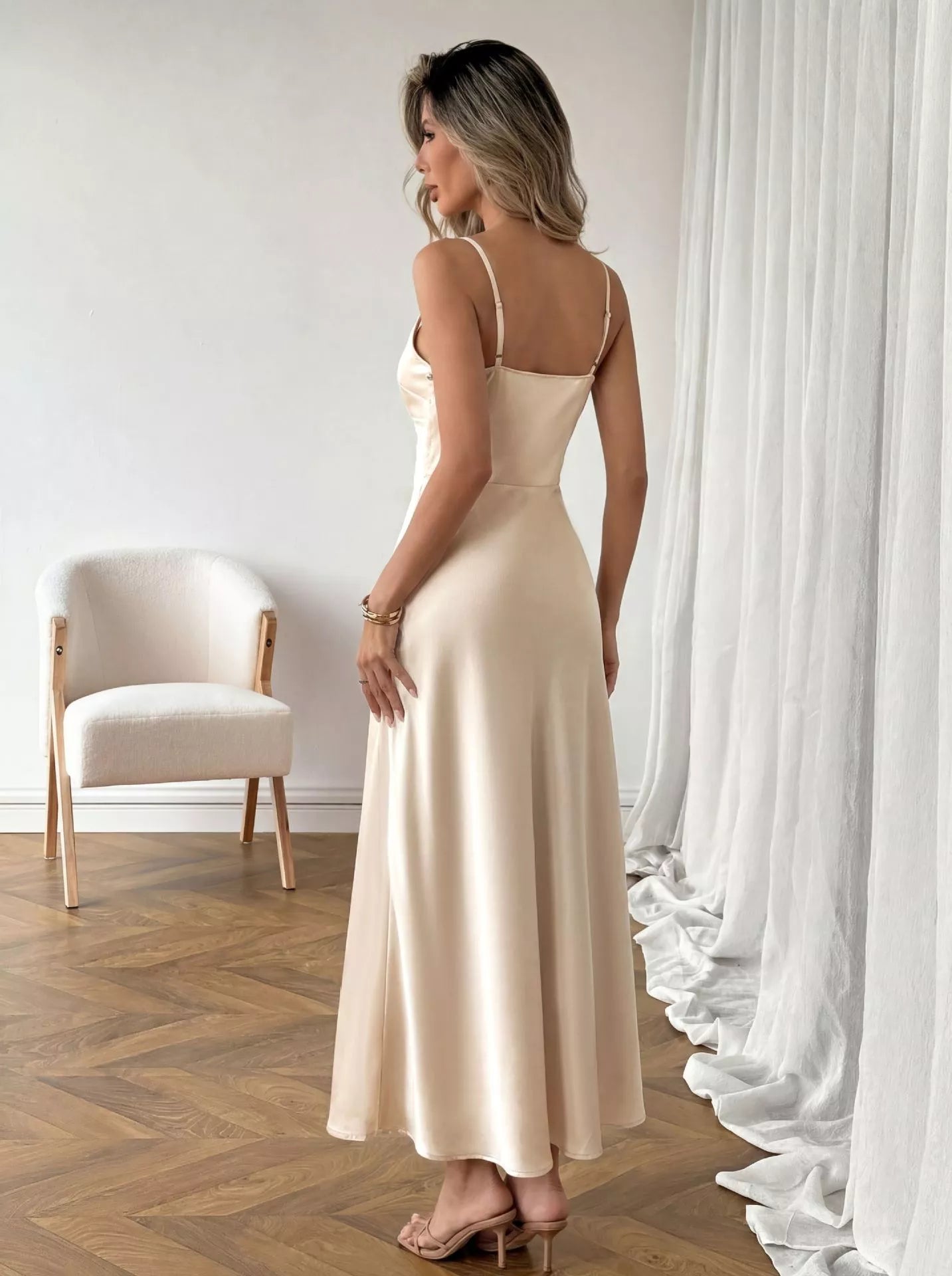 Allegra Satin Maxi Dress detail view styled for Avrienne