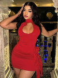 3D Flower Decoration Red Vacation Dresses Sexy Hollow Backless Bodycon Party Dress image 1