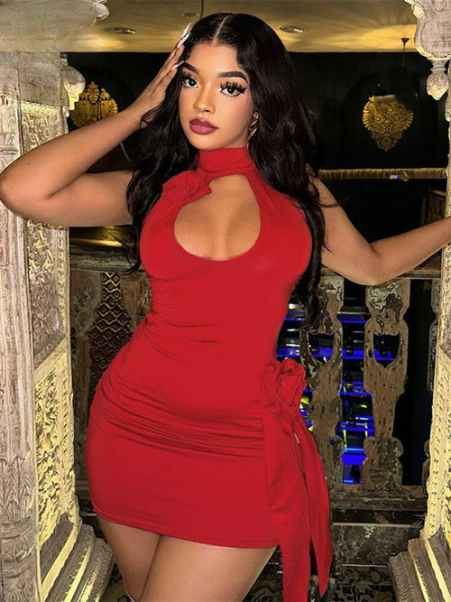 3D Flower Decoration Red Vacation Dresses Sexy Hollow Backless Bodycon Party Dress image 1