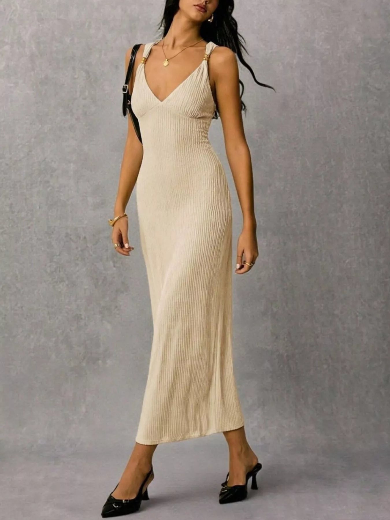 Solene Knit Midi Dress detail view styled for Avrienne