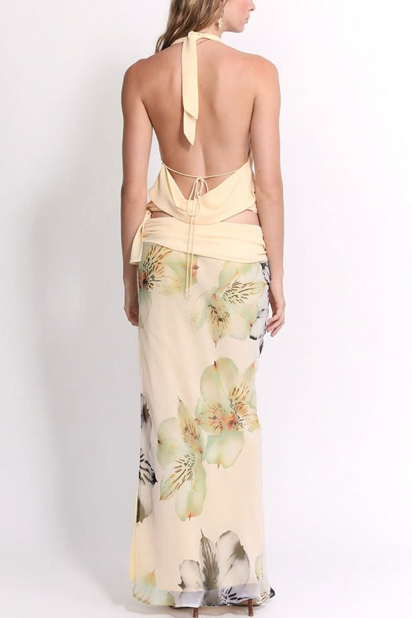 Sexy Backless Halter Top Slim Printed Maxi Skirt Set image 8