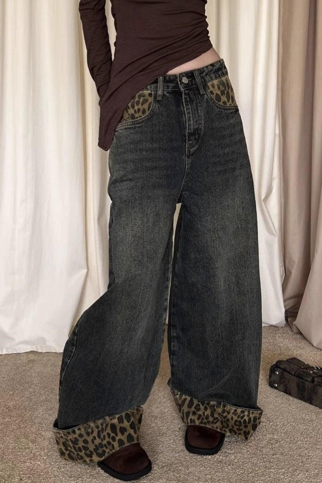 Patchwork Vintage Leopard Cuffed Wide Leg Jeans image 2