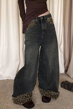 Patchwork Vintage Leopard Cuffed Wide Leg Jeans image 2