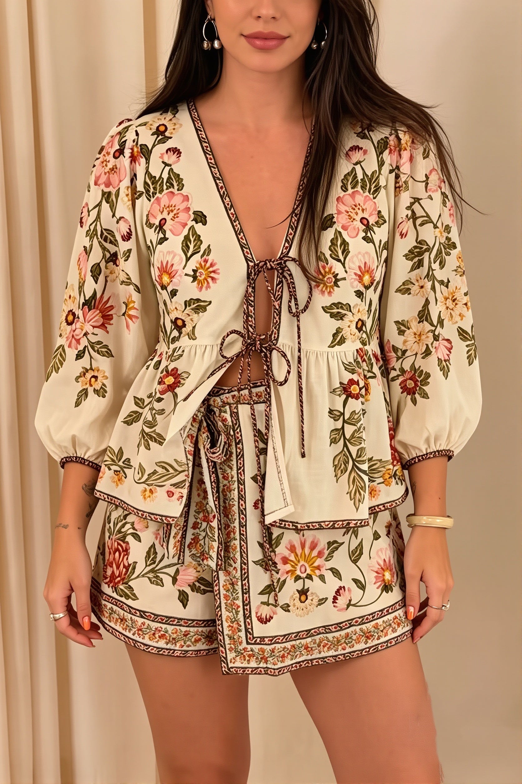Boho Floral Linen Tie Mini Skirt Set image 1