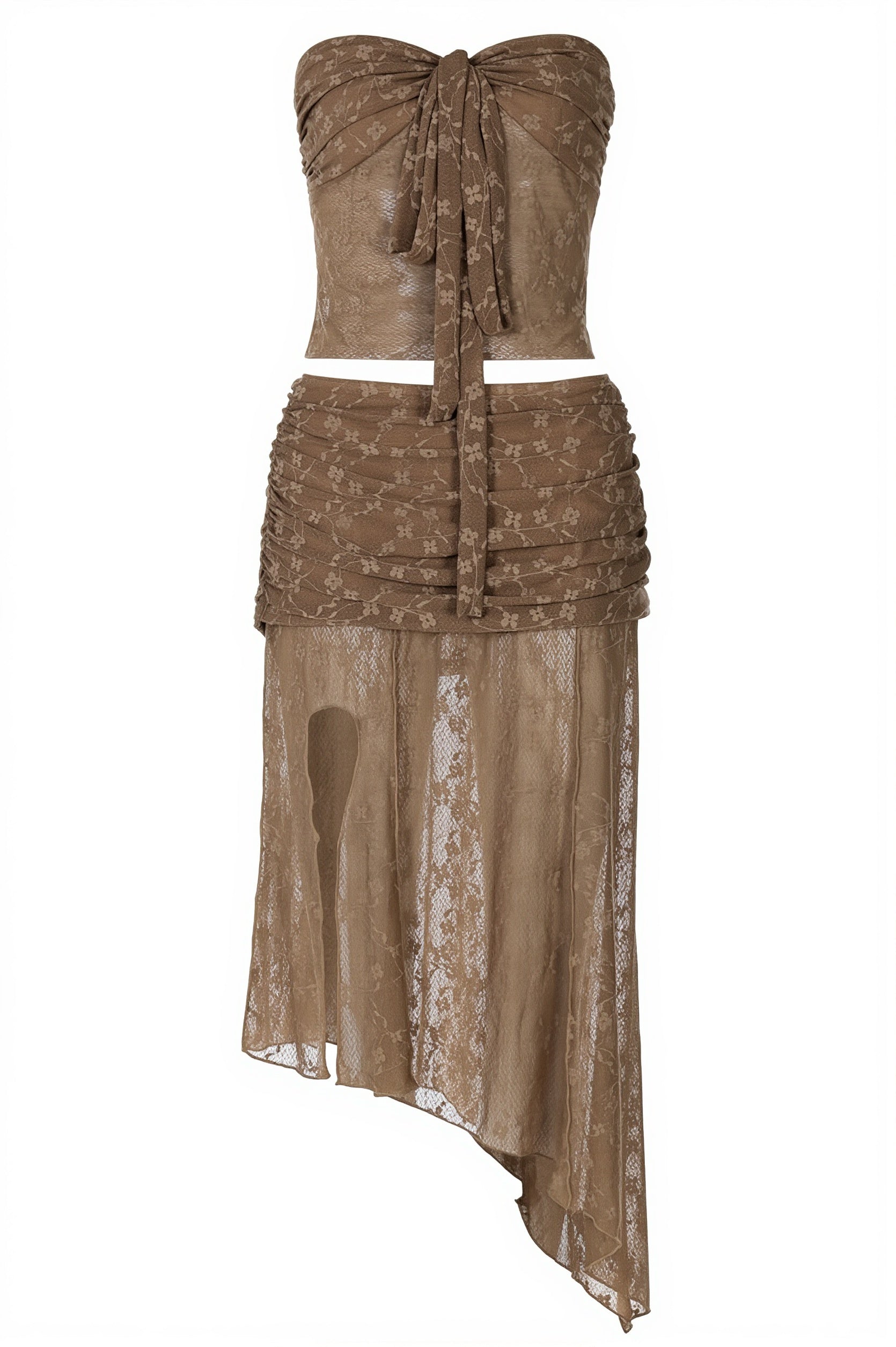 Chic Sheer Lace Up Strapless Ruched Asymmetric Midi Skirt Sets image 5