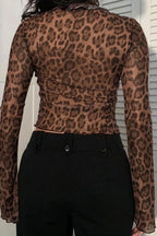 Leopard Print Sheer Tie Long Sleeve Blouse image 4