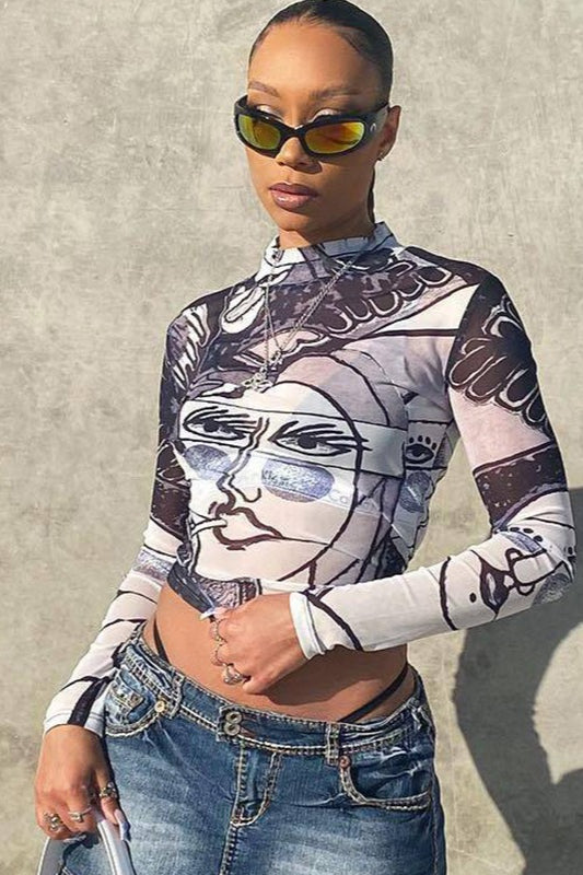 Sexy Sheer Mesh Print Round Neck Long Sleeve Blouse image 2
