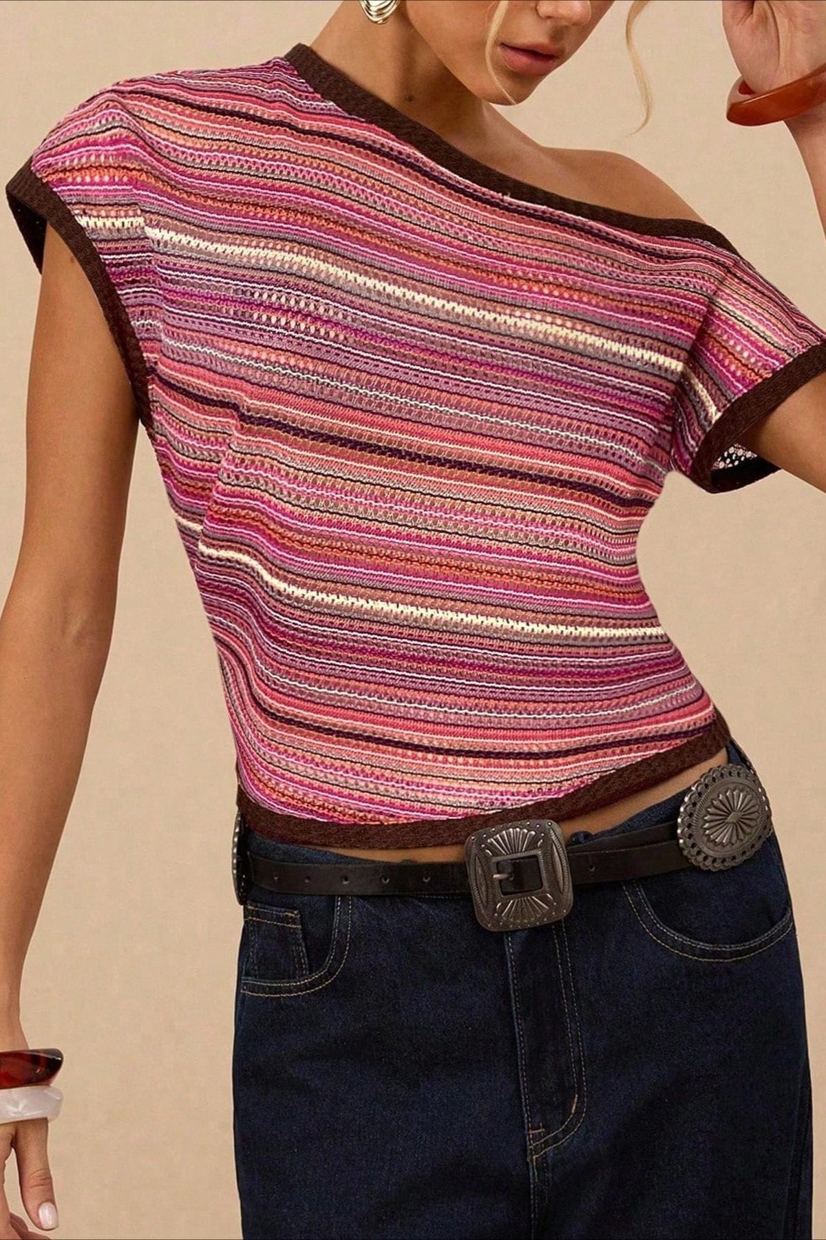 Vintage Color Knit Slim Striped Blouse image 7