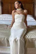 Chic Solid Satin Shirred Strapless Elegant Maxi Dress image 4