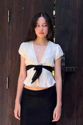Deep V Neck Bow Tie Waist Blouse image 1