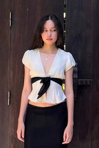 Deep V Neck Bow Tie Waist Blouse image 1
