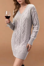 V-Neck Solid Cable-Knit Sweater Mini Dress image 9