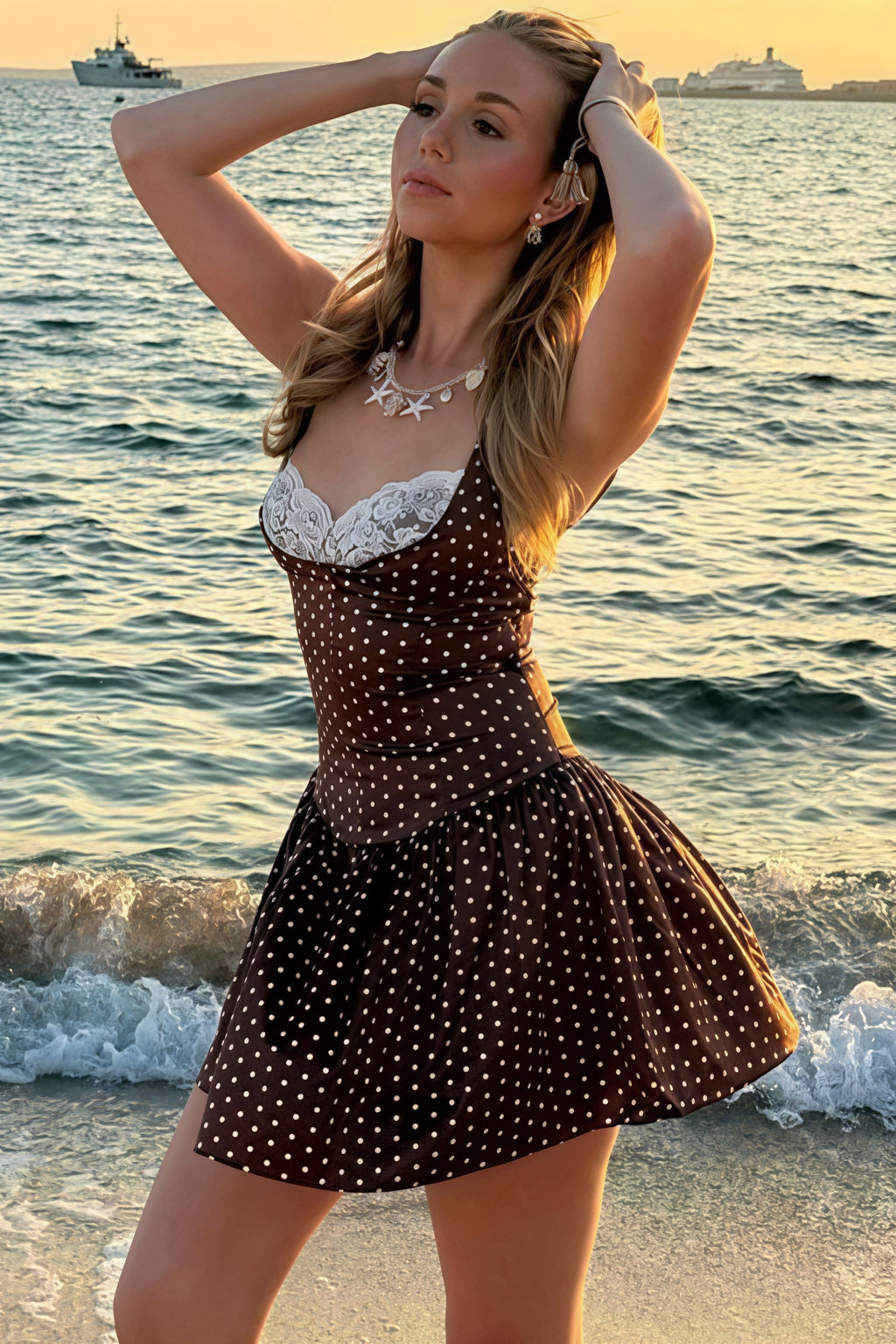 Lace Trim Patchwork Polka Dot Cami Mini Dress image 5