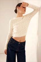 Open-Back Tie Detail Round Neck Elegant Knit Long Sleeve Tee image 1