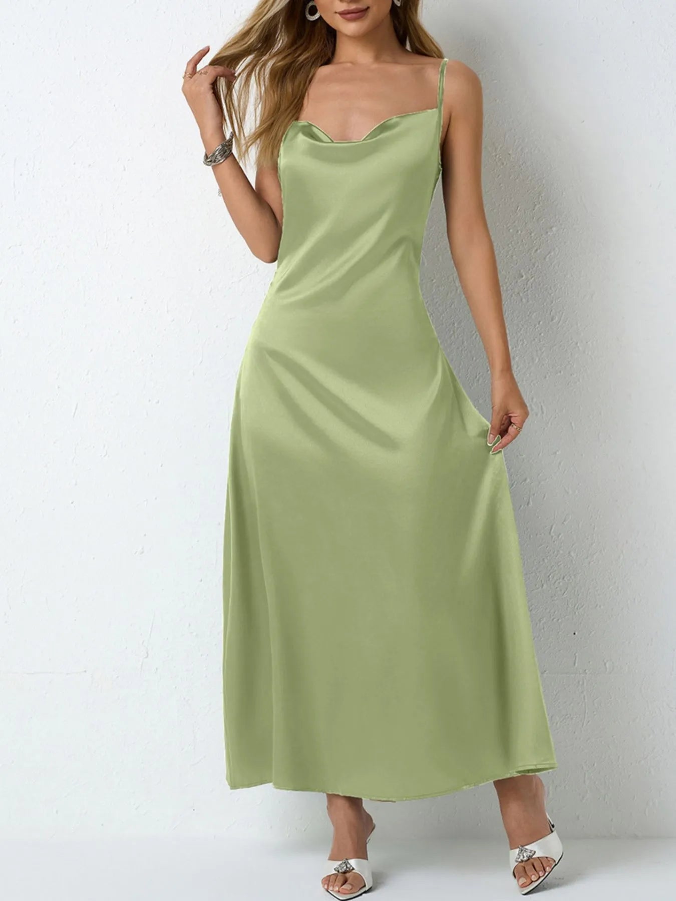 Paloma Satin Dress detail view styled for Avrienne
