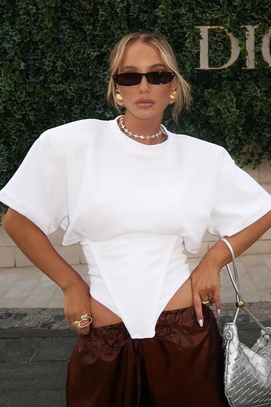 Chic Solid Wide Shoulder Tie Waist Elbow Sleeve T-shirt image 8