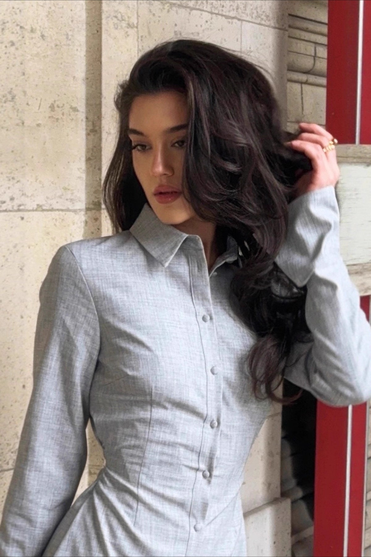 Elegant Long Sleeve Collared Midi Dress image 1