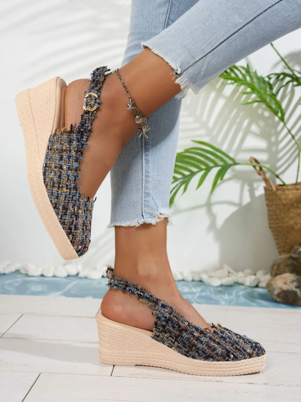 Aurelia Wedge Sandals detail view styled for Avrienne