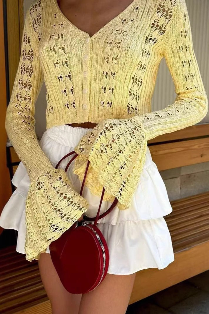 Cutout V-Neck Solid Short Long-Sleeve Knit Cardigan image 1