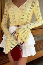 Cutout V-Neck Solid Short Long-Sleeve Knit Cardigan image 1