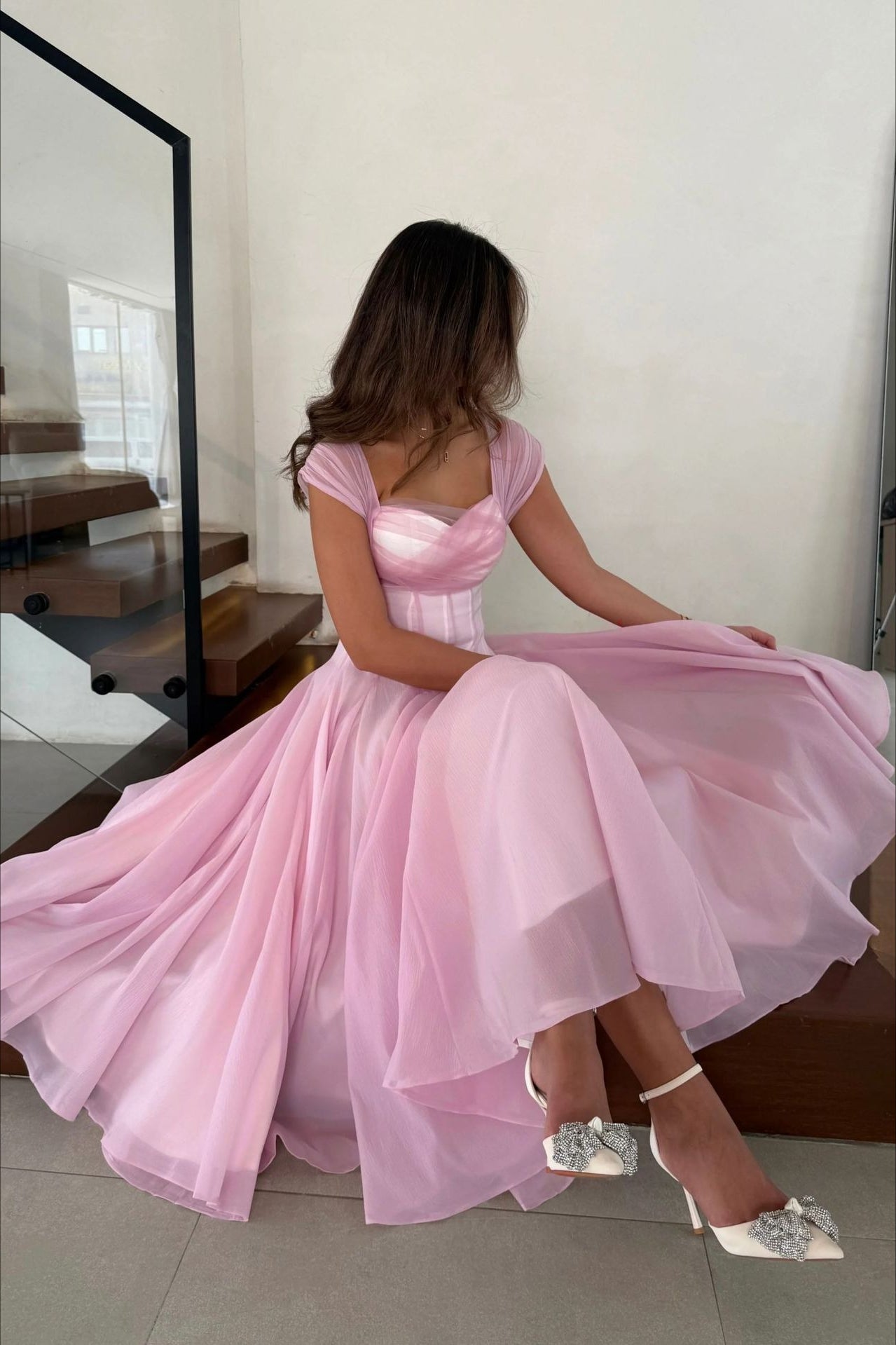 Soft Mesh Waist Flared Prom Dress image 5