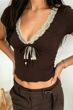 Vintage Lace Beaded Tie V Neck Blouse image 3