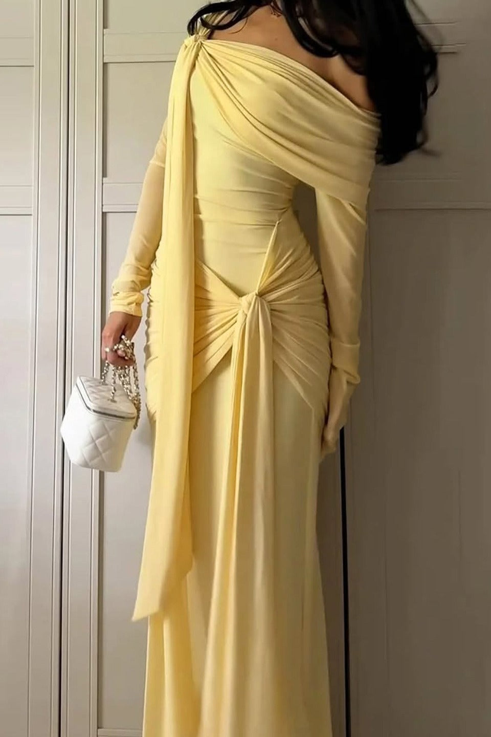 Off Shoulder Long Sleeve Solid Tie Bodycon Maxi Dress image 7