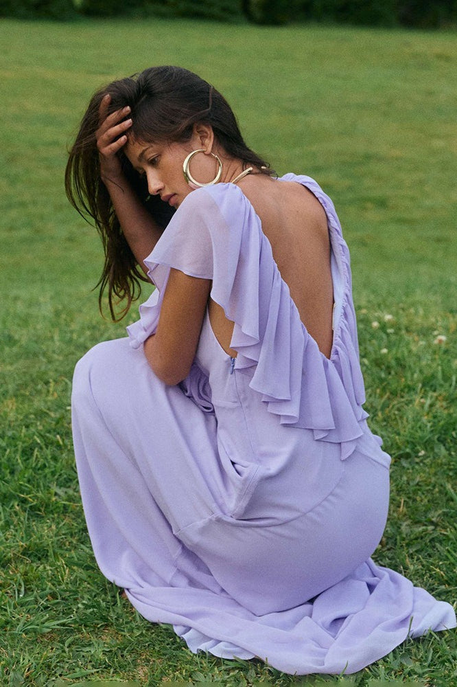 Simple Deep V Ruffle Solid Elegant Maxi Dress image 2