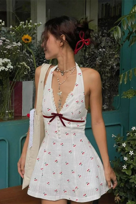 Cherry Print Halter Backless Mini Dress image 1
